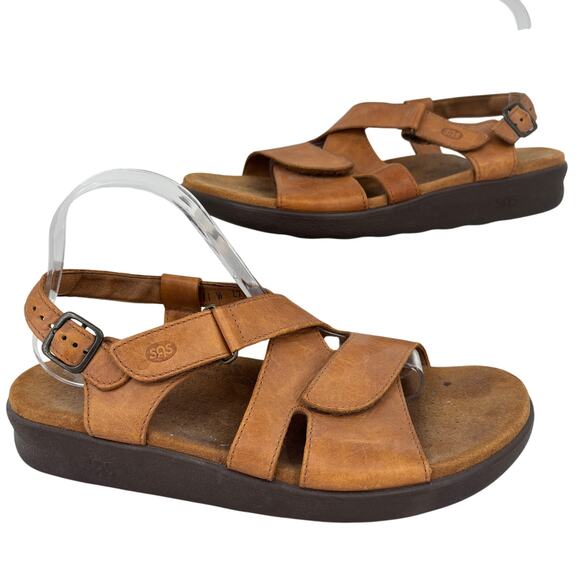 SAS Huggy Sandals Womens Size 11 Wide Carmel Brown Leather Adjustable Straps - Picture 1 of 10